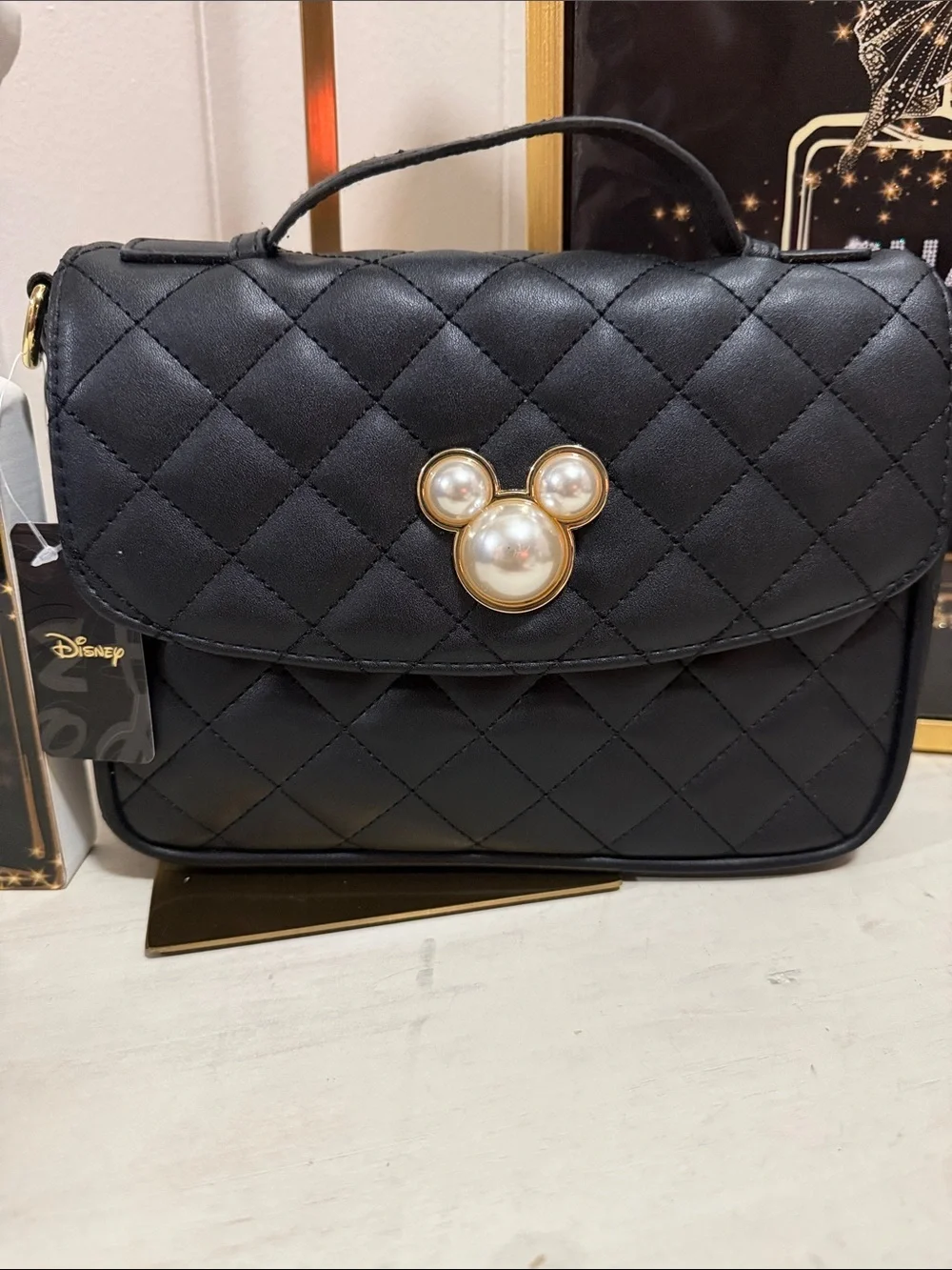 Disney Black Quilted Satchel with Pearl Mickey Accent and Gold Trim